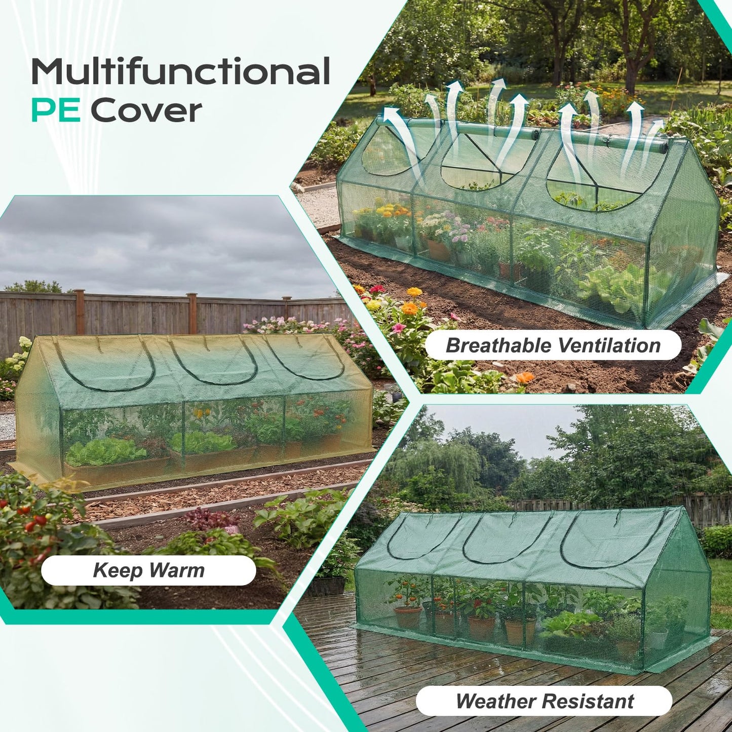 BPS 9x3x3 ft Mini Greenhouse with Green PE Cover UV-Protected Roll-Up Zipper Doors, Ideal for Indoor or Outdoor Use on Raised Garden Beds