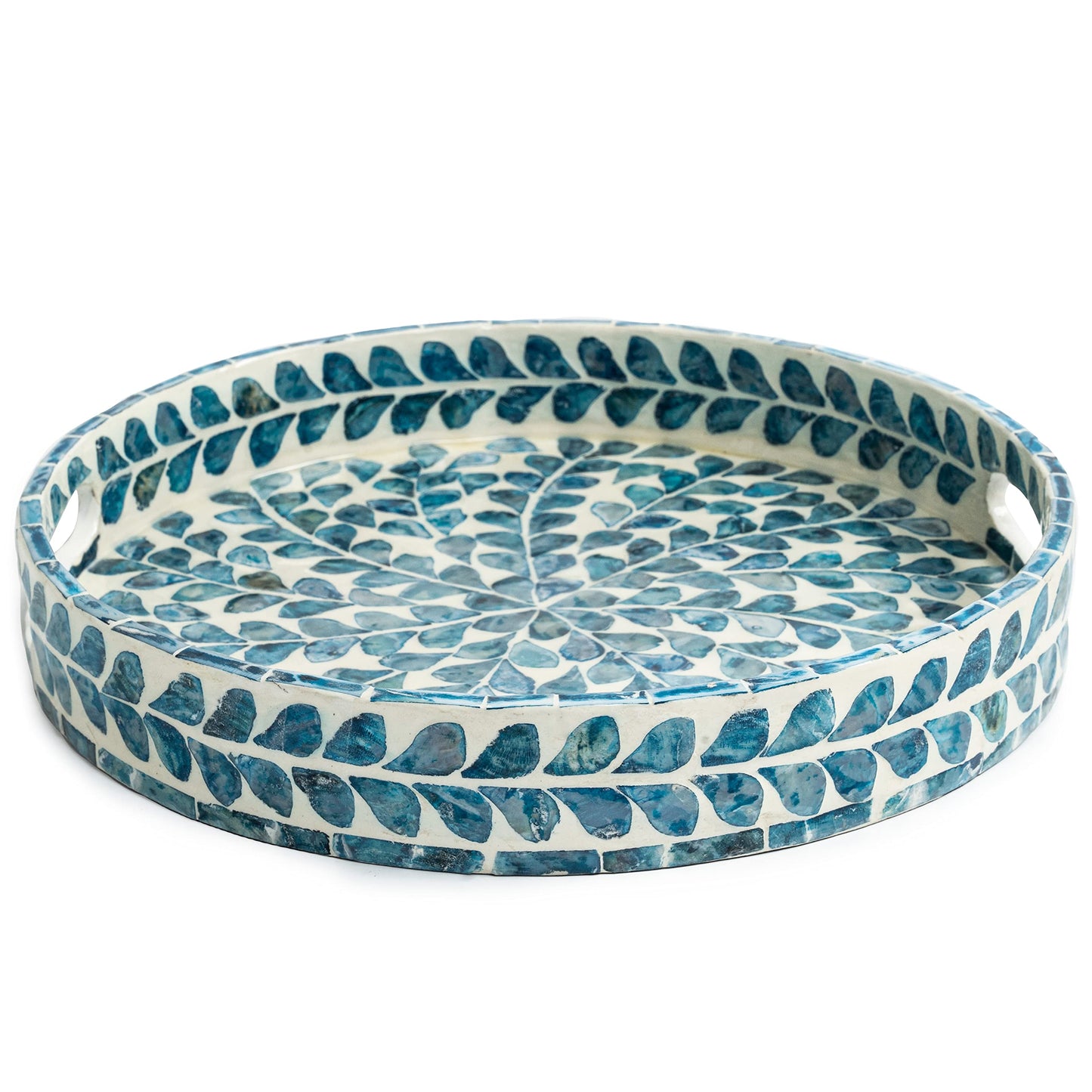 CLAYNIX Serving Tray 12.5 Inch, Lacquer Mother of Pearl Inlay Mosaic Tray, Round Wooden Marble Tray with Handles Trays for Tea, Breakfast (Leaf Style)