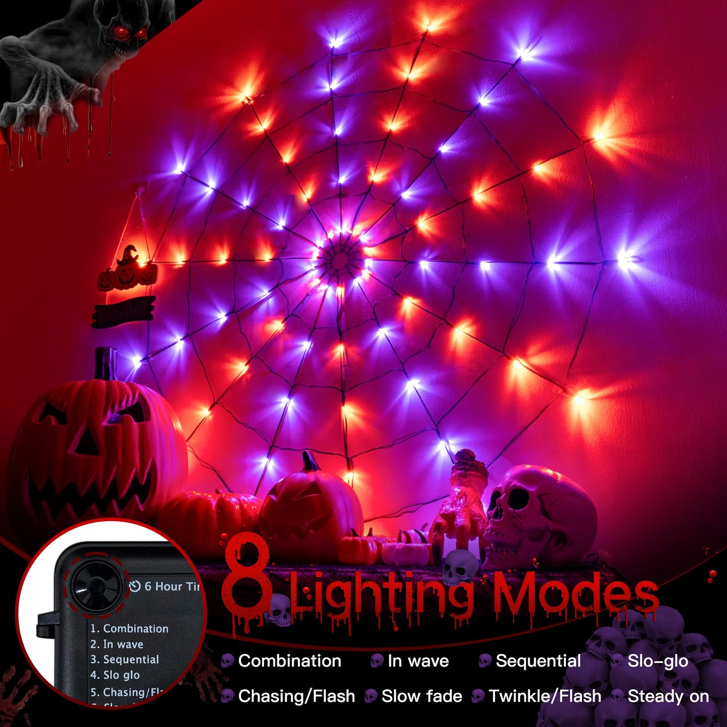 Ollny Spider Web Decoration 4FT 70 LED, Orange and Purple Halloween Lights with Black Spider Battery Powered 8 Modes Timer, Waterproof Cobweb String Light for Outdoor Indoor House Yard Party