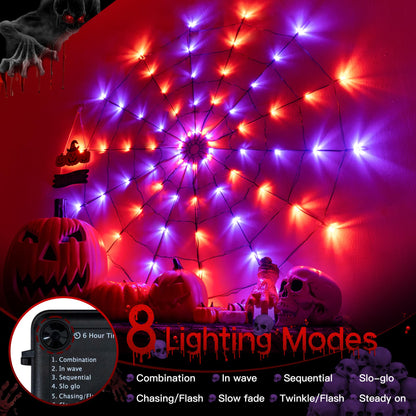 Ollny Spider Web Decoration 4FT 70 LED, Orange and Purple Halloween Lights with Black Spider Battery Powered 8 Modes Timer, Waterproof Cobweb String Light for Outdoor Indoor House Yard Party