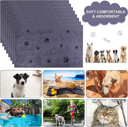 Chumia 8 Pcs Dog Towels for Drying Dogs Cats Pet Towels Bulk Puppy Microfiber Fast Drying Paw Bath Bathing Supplies Absorbent for Medium Pets(55 x 28 Inch,Dog Paw and Bone,Gray)