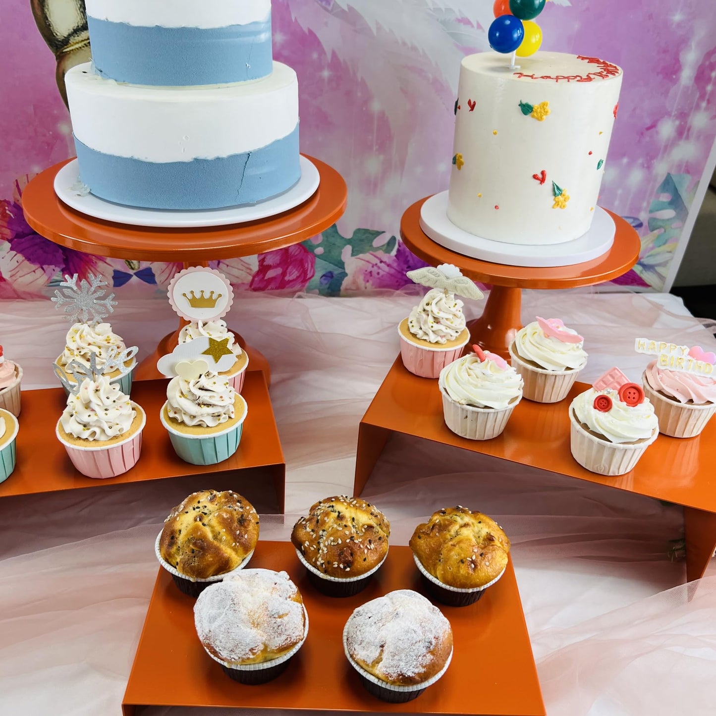 FESTLOVE Set of 8 Orange Cake Stands Donut Holder Round Metal Dessert Display Risers Cupcake Stand Serving Platter for Weddings Birthday Baby Showers Anniversary Party
