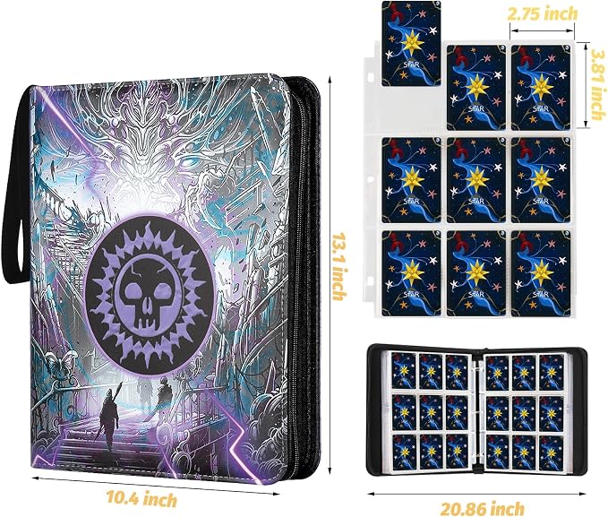 720 Pockets Round Ring Trading Card Binder, 9-Pocket Clear Zipper Card Album with Wrist Strap, Holds 720 Standard TCG Cards Compatible with Sports Baseball Football Game Cards (Purple Print)