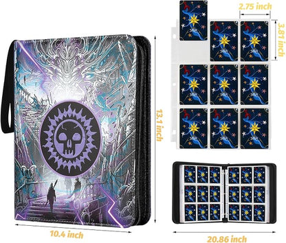 720 Pockets Round Ring Trading Card Binder, 9-Pocket Clear Zipper Card Album with Wrist Strap, Holds 720 Standard TCG Cards Compatible with Sports Baseball Football Game Cards (Purple Print)