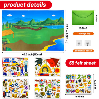 PENGFULL Camping Theme Felt Story Board Set,44 * 28in Flannel Board for Wall,65 Felt Pieces,Theme Story Preschool Storytelling,Learning Interactive,for 3 Years +,Gift for Toddlers Kids Children