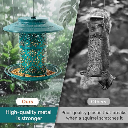 Metal Bird Feeders for Outdoors Hanging, Weather Resistant Wild Bird Feeder with 360 Degree Feeding Tray (Green)