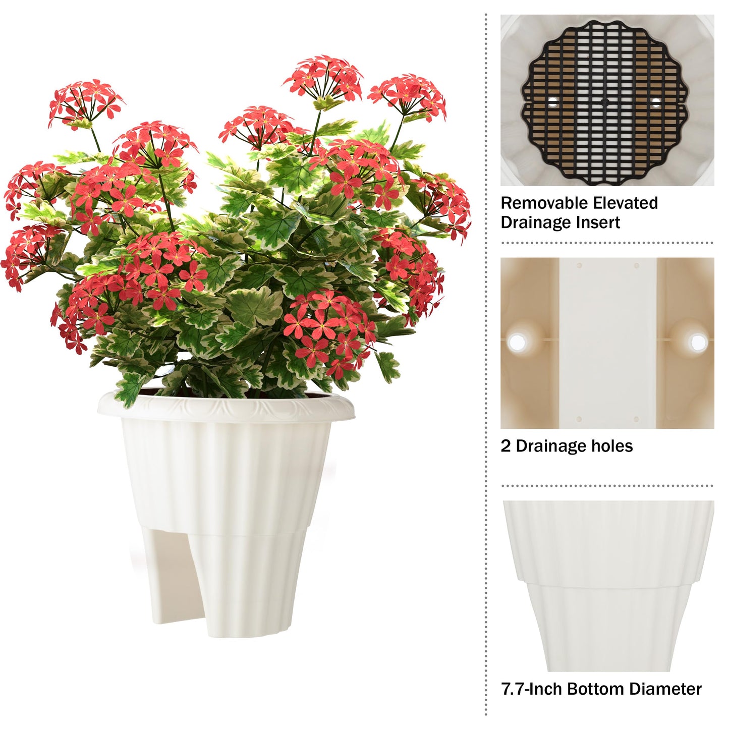 Railing Planter Box 2-Pack - 13.5-Inch Round Outdoor Flower Pots with Drainage Inserts - 2.64-Gallon Outdoor Planters for Porch, Deck, Fence, or Balcony Railings 3” - 3.75” Wide by Pure Garden (White)