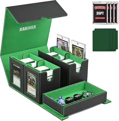 Kabinka Card Deck Box for MTG Commander, Holds 400+ Double-Sleeved Cards, 5 IN 1 Detachable Card Case with Dice Tray, Fits Magic/TCG Cards, 4 Magnetic Card Holders & Dividers (Black Green)