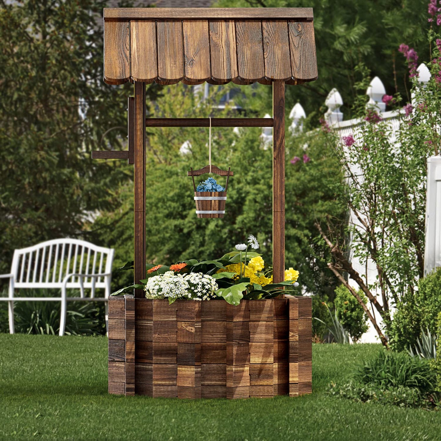 Aoxun Outdoor Wooden Wishing Well Planters with Hanging Bucket, Garden Helper, Rustic Garden Decor for Outside, Yard and Patio, Upgrade - Reinforced Base, Brown