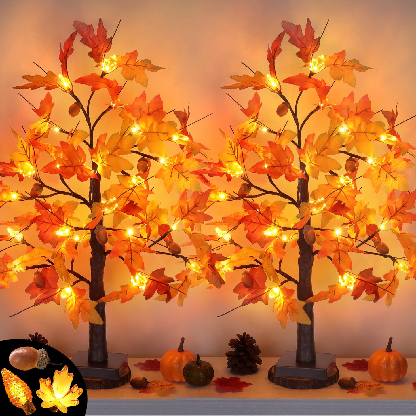 2 Pack 24 Inch Fall Maple Tree Fall Thanksgiving Decorations with Lights Lighted Artificial Tree with Pumpkin Acorn Maple Thanksgiving Table Decoration Centerpieces Indoor Friendsgiving Decor for Home