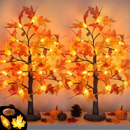 2 Pack 24 Inch Fall Maple Tree Fall Thanksgiving Decorations with Lights Lighted Artificial Tree with Pumpkin Acorn Maple Thanksgiving Table Decoration Centerpieces Indoor Friendsgiving Decor for Home