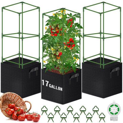 WLLEYAY 3 Pack Square Tomato Cages with 17 Gallon Grow Bags, 46'' Upgraded Heavy Duty Steel Garden Plant Support Stakes Kit, Flowers Vegetable Trellis for Vertical Climbing Plants Vines