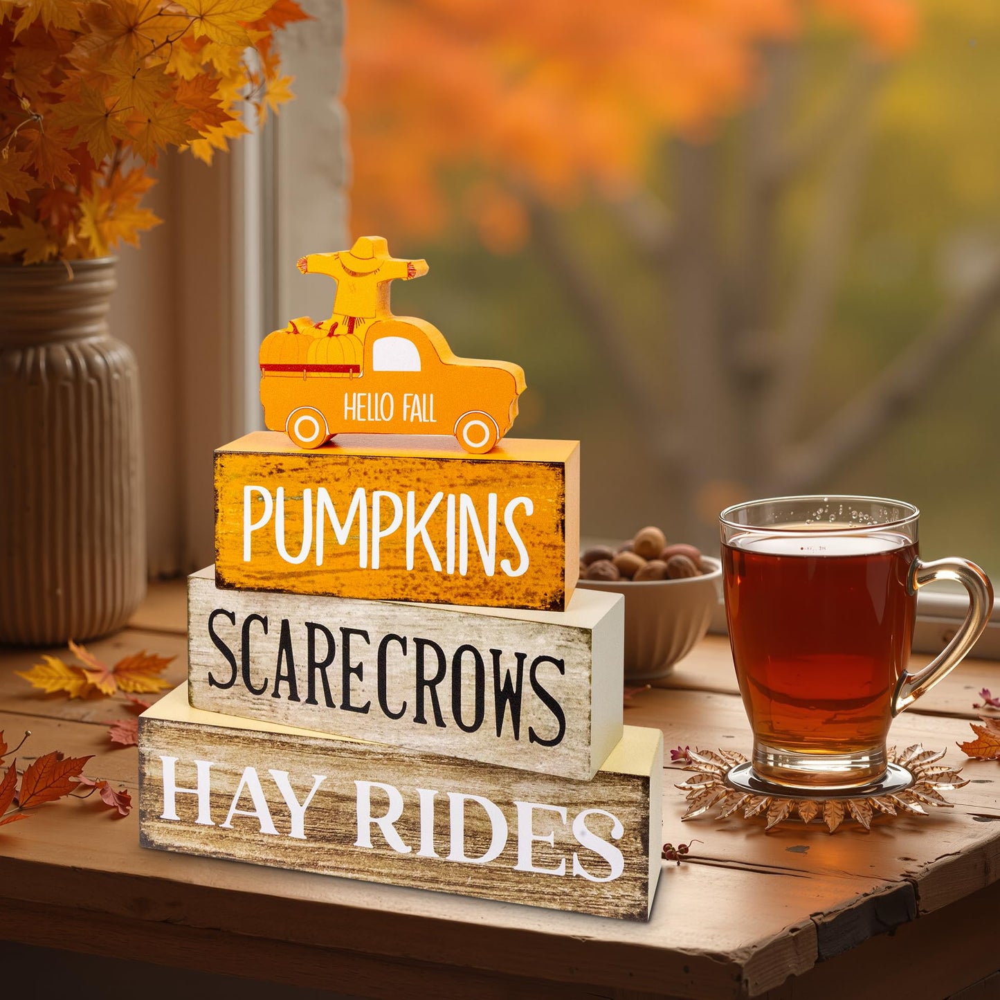 4 Pcs Fall Decor Wooden Tiered Tray Decor, Pumpkins Car Autumn Decorations Gifts for Home