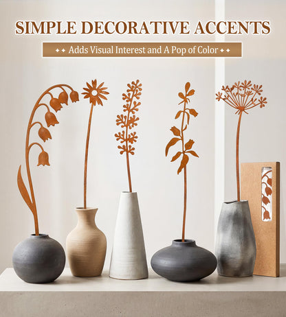 VIS'V Metal Decorative Garden Stakes, 15.7 Inch Rusty Flower Plant Yard Art Stakes for Outdoor Indoor Decor, 5 Pcs
