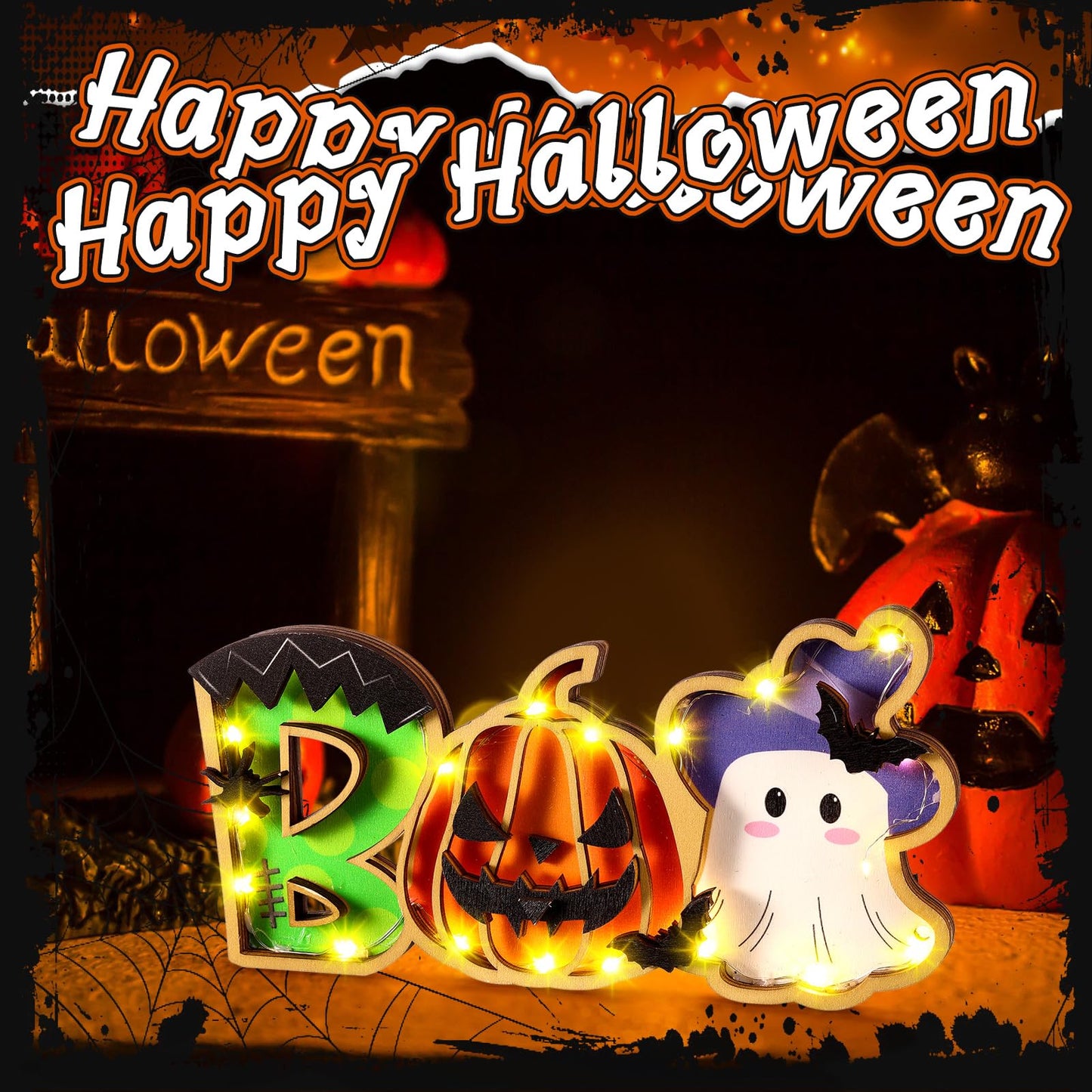 Burbell Lighted Halloween Table Decor Boo Sign Decorative Pumpkin Ghost Table Centerpiece Battery Operated Halloween Table Decor for Home Living Room Trick or Treat Halloween Decorations 5 x 10 Inches