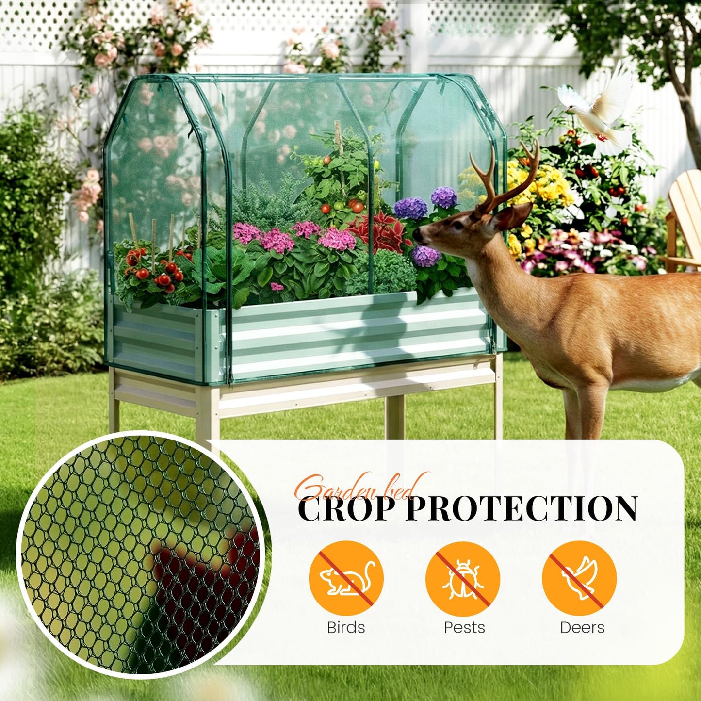 KING BIRD Raised Garden Bed with Cover & Netting Galvanized Elevated Large Planter Box with Legs for Backyard, Patio, Balcony, 400lb Capacity, Beige, 48×24×56 in