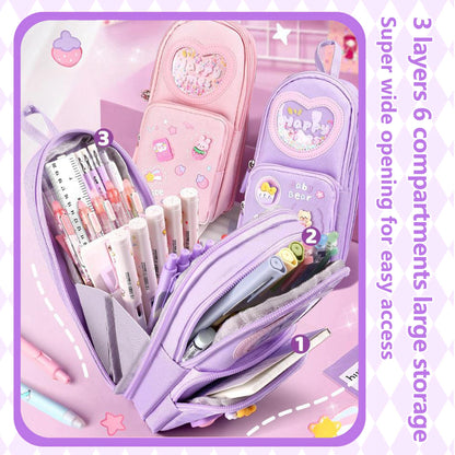UINSUE Mini Backpack Pencil Case Art Marker Storage Canvas Makeup Pocket Small Gadget Bag Organizer Random Free of Highlighters (Bear Purple)