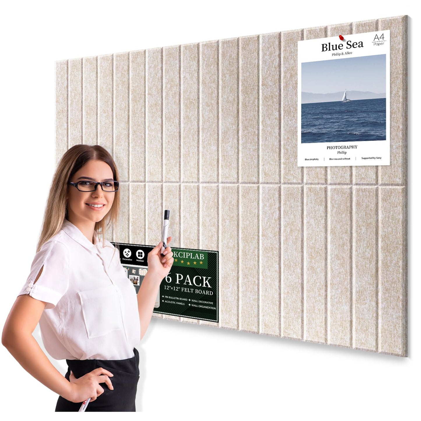 Large Cork Bulletin Board for Wall 36"x24", 6 Pack Felt Slat Wall Panel Tiles with 50 Pushpins, 30 Safe Removable Adhesive Tabs, Decorative Pin Board Tack Board for Office Home School (Beige, 36"x24")