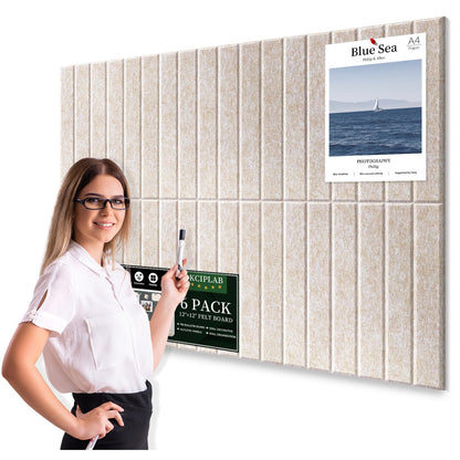 Large Cork Bulletin Board for Wall 36"x24", 6 Pack Felt Slat Wall Panel Tiles with 50 Pushpins, 30 Safe Removable Adhesive Tabs, Decorative Pin Board Tack Board for Office Home School (Beige, 36"x24")
