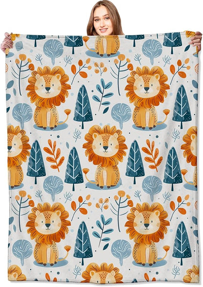 Cute Lion and Forest Blanket,Fun Cartoon Jungle Theme Throw Blankets,Birthday Gifts for Kids & Animal Lovers,Lightweight Soft Fleece,for Picnic Sofa Couch Bed Room Travel,Modern Decor,50x60in