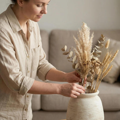 Sawoake Rustic Terracotta Pot, 7 Inch Short Farmhouse Vase with Weathered Texture Off-White, Boho Home Decor for Pampas Grass, Tabletop, Mantel and Shelf Styling