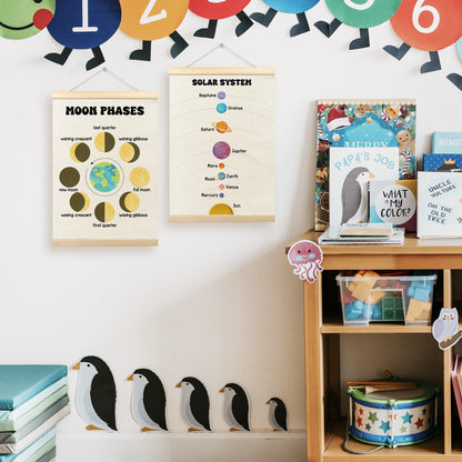 TLESKE Classroom Moon Phases Solar System Space Poster Hanger Frame Set of 2, Homeschool Hanging Wall Art Room Decor for Toddlers Kid Nursery Playroom, Preschool Prek Learning Educational Print, 12x16