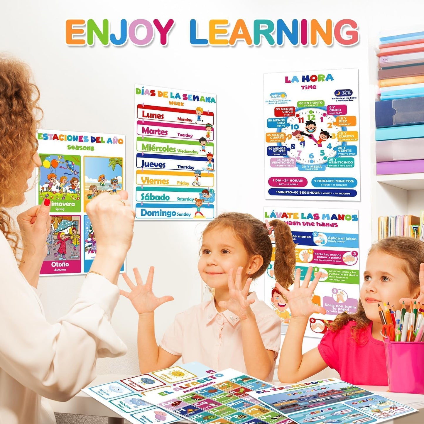 EggSun 16 Pcs Bilingual Learning Posters for School Classroom Decorations, 11 x 16in Poster Charts for Teachers Primary Middle High School Supplies Education Classroom Bulletin Board Wall Decor