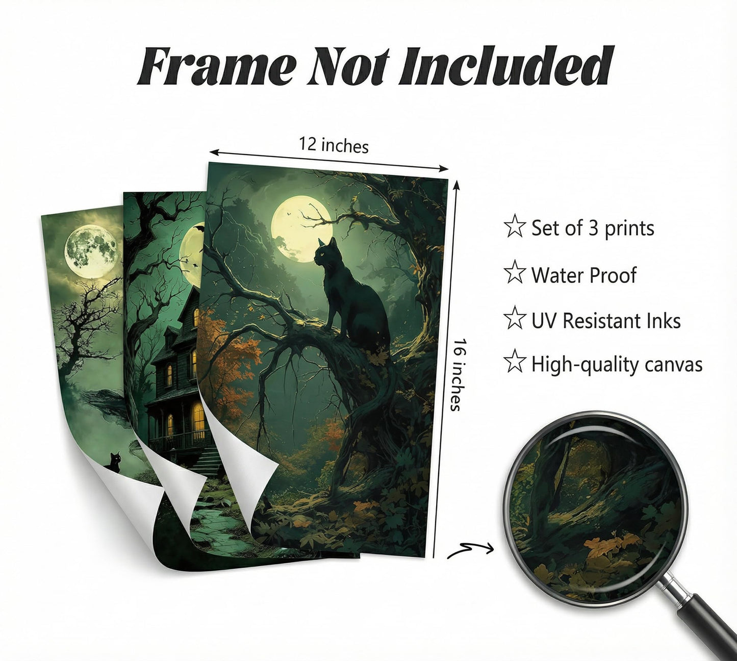 3pcs Halloween Canvas Wall Art Dark Academia Scary Witch Black Cat Castle Posters Prints Thriller Horror Green Gothic Wall Decor Pictures for Halloween Party House Decoration Unframed