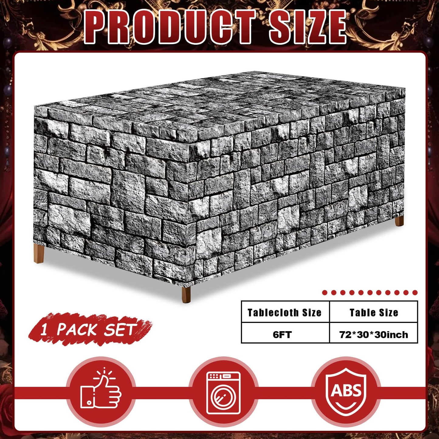 6Ft Medieval Brick Stone Wall Tablecloth Cobblestone Birthday Table Covers Decoration Castle Washable Fabric Polyester Rectangle Stone Table Cover for Halloween Knight Western Party Favors