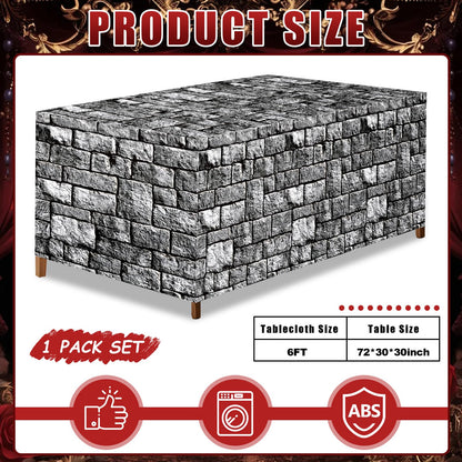 6Ft Medieval Brick Stone Wall Tablecloth Cobblestone Birthday Table Covers Decoration Castle Washable Fabric Polyester Rectangle Stone Table Cover for Halloween Knight Western Party Favors