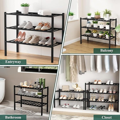 Smiry Bamboo Shoe Rack, 4 Tier Free Standing Wooden Shoe Organizer, Stackable Wood Shoe Storage Shelf for Closet, Entryway, 12 Vertical Slats, 2+2 Stack Standard Legs, 26.8"x11"x26", Black