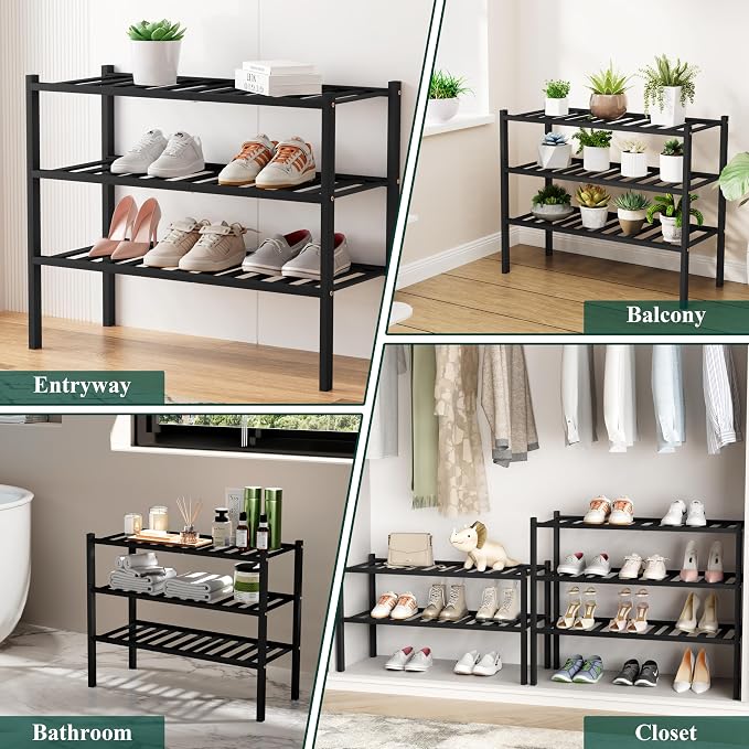 Smiry Small Bamboo Shoe Rack, 6 Tier Free Standing Wooden Shoe Organizer, Stackable Wood Shoe Storage Shelf for Closet, Entryway, 12 Vertical Slats, 2+2+2 Stack Standard Legs, 17.3"x11"x39", Black
