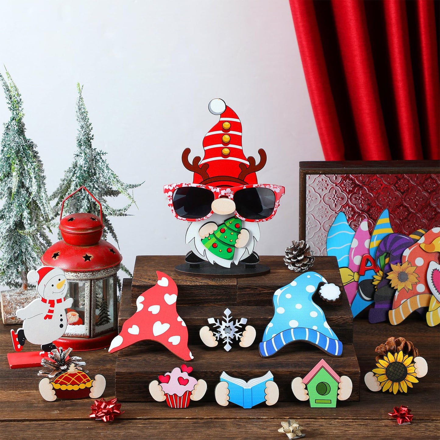 Tellegloww 27 Pcs Interchangeable Wooden Gnome Decor Spring Gnome Welcome Sign DIY Holiday Seasonal Eyeglass Holder Stand Tiered Tray Decorations for Table Home Decorations