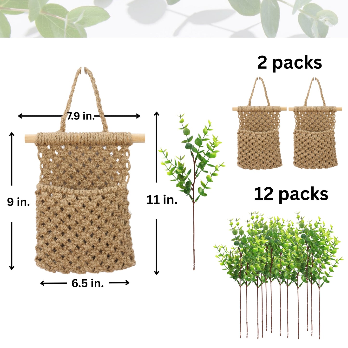 Shineloha 2 Packs Macrame Wall Planters with Artificial Eucalyptus | Macrame Plant Hanger, Wall Plant Holders for Boho, Bathroom, Bedroom & Wall Hanging Decor (2 Packs, Brown)