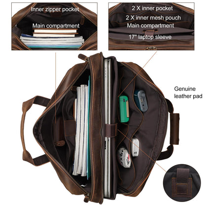 Masa Kawa Leather Briefcase for Men 17" Laptop Shoulder Messenger Bag Vintage Brown Business Travel Work Lawyer Attache Case,Large