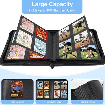 BYSTER 4 Pocket Card Binder, Premium PU Trading Card Binder with Zipper, 160 Capacity Side-Loading Binder for TCG, MTG, Sports Cards, Game Cards, White