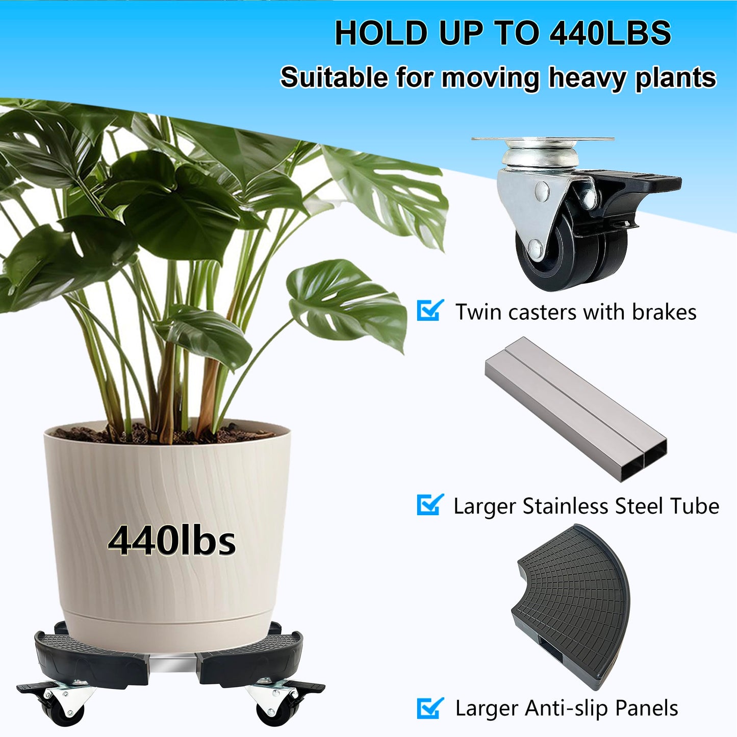 CASIMR Plant Stand with Wheels 2 Pack, Adjustable 15-21" Heavy Duty Plant Caddy with Casters, 440lb Capacity Indoor Outdoor Large Potted Planter Cart Dolly, Rolling Plant Stand for Flower Pot