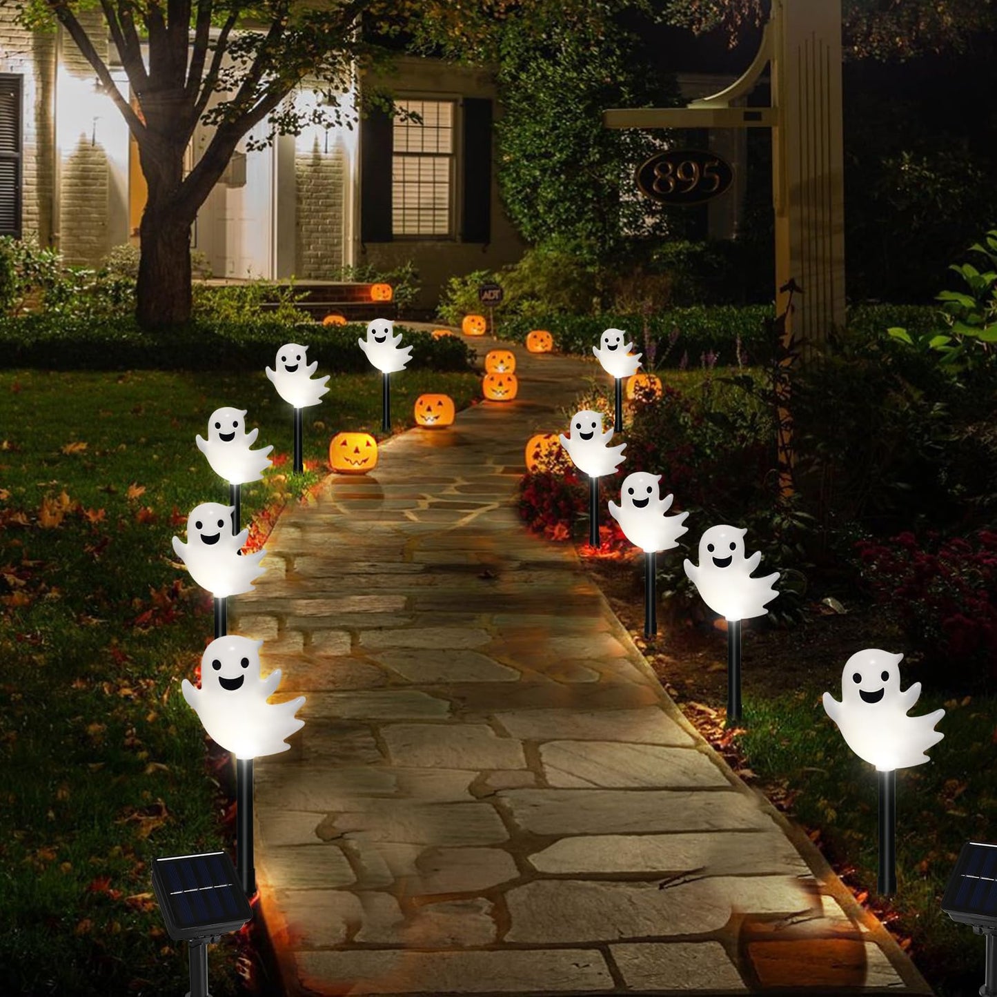 VOGVOG Solar Halloween Ghost Pathway Lights, 10 Pack 3D Lighted Outdoor Stake Decorations, Waterproof LED Yard and Garden Lights for Halloween Pathway, Lawn, Patio, and Holiday Decor (10-Ghosts-Cold)