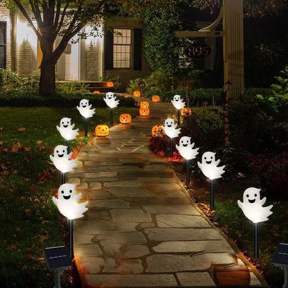 VOGVOG Solar Halloween Ghost Pathway Lights, 10 Pack 3D Lighted Outdoor Stake Decorations, Waterproof LED Yard and Garden Lights for Halloween Pathway, Lawn, Patio, and Holiday Decor (10-Ghosts-Cold)