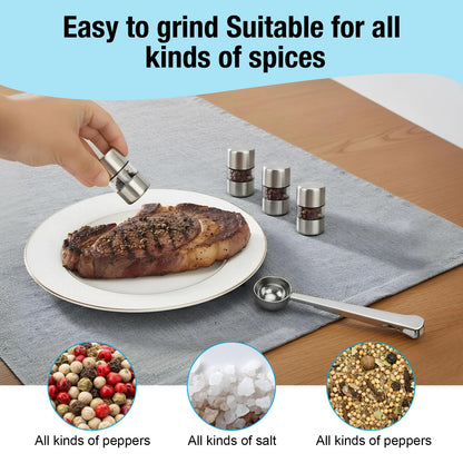 WRENYZK 4pcs Mini Salt and Pepper Grinder Set, Portable Travel Salt and Pepper Sets with Scoop of Bag Clip and Cleaning Brush, Refillable Spice Mill Stainless Steel Grinder for Home Kitchen BBQ