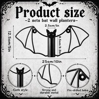 Hushee 2 Pack Gothic Bat Wall Hanging Planter, Gothic Home Decor, Metal Wall Mounted Flower Black Vase Set for Indoor Outdoor Plants Halloween Bat Shape Walls Vase for Dried Flowers Greenery Display