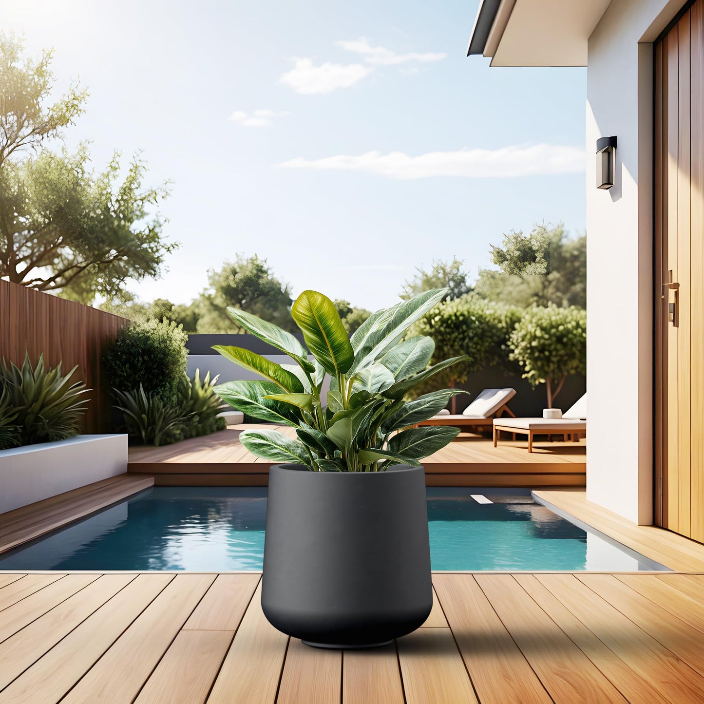 Kante Round Concrete Planter, 13-Inch Dia Barrel-Style Garden Pots with Drainage Hole for Home, Patio and Garden, Flower and Tree Planter (10.2" Opening), Black