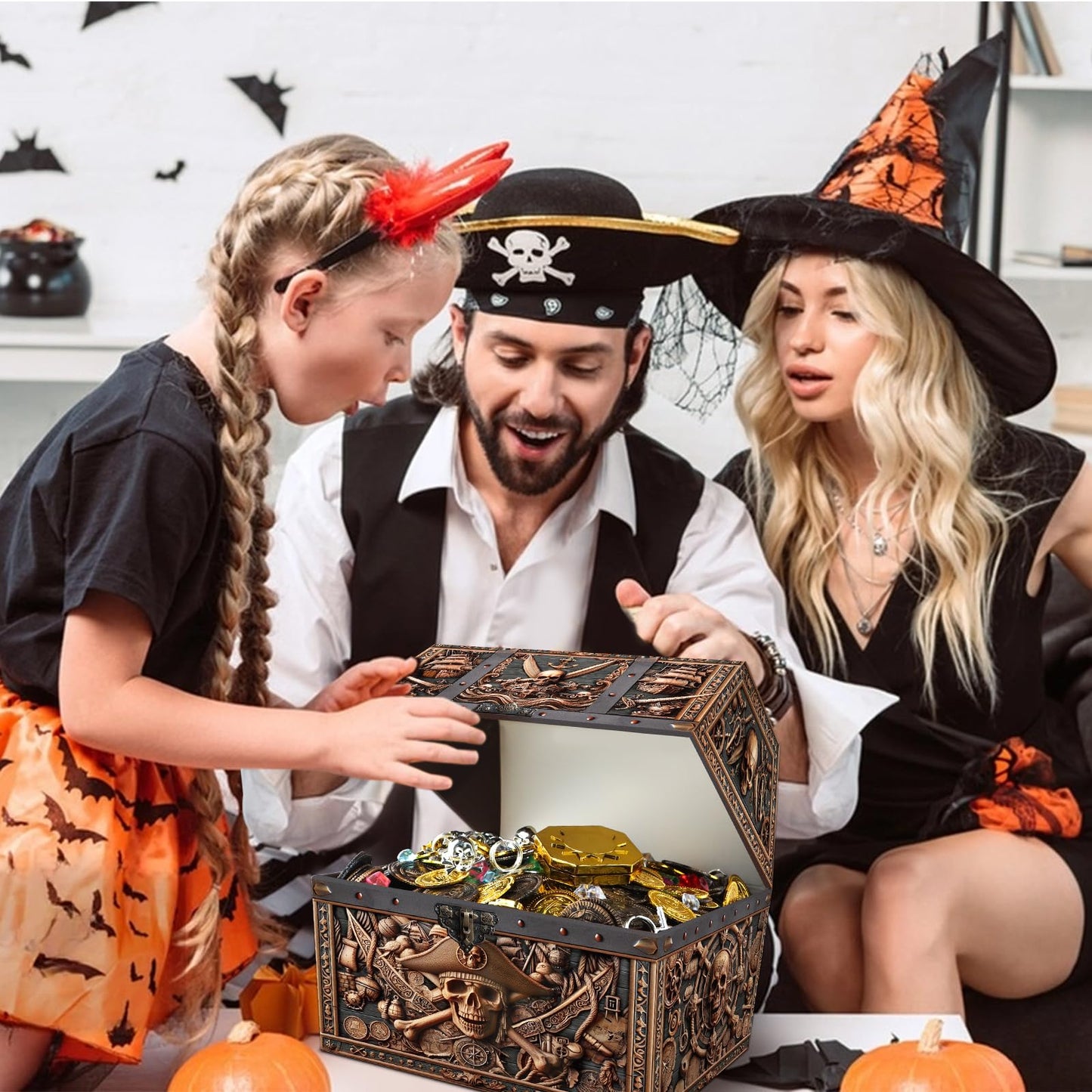 PETCEE Pirate Skull Treasure Box - 9x9.3x8 Large Pirate Treasure Chest for Classroom Chirstmas Treasures Box Rewards Chest Toys and Storage Perfect Classroom Treasures Boxes for Students
