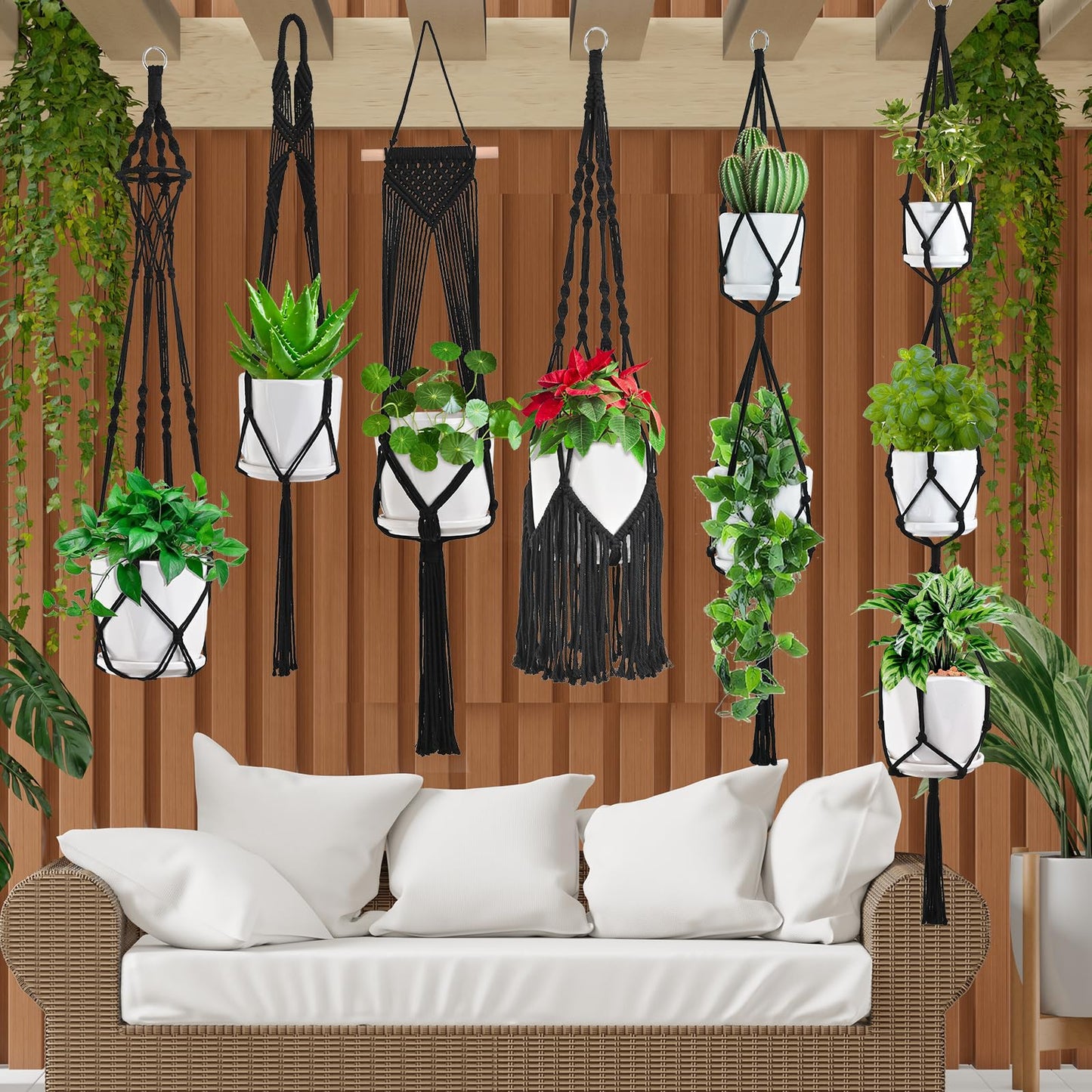 Macrame Plant Hangers, 6Pack Hanging Plant Holders Indoor w/ 6 Set Hooks Handmade Cotton Rope Plant Hangers Set Flower Pots Holder Stand Boho Home Decor Hanging Planters for Indoor Outdoor Plants