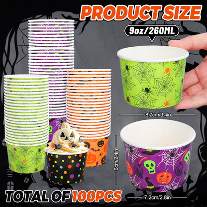 JarThenaAMCS 100 Pcs Halloween Snack Cups Pumpkin Skull Spider Web Dots Disposable Bowls 9oz Ice Cream Dessert Treat Paper Bowls for Hot Iced Food Birthday Trick or Treat Party Supplies