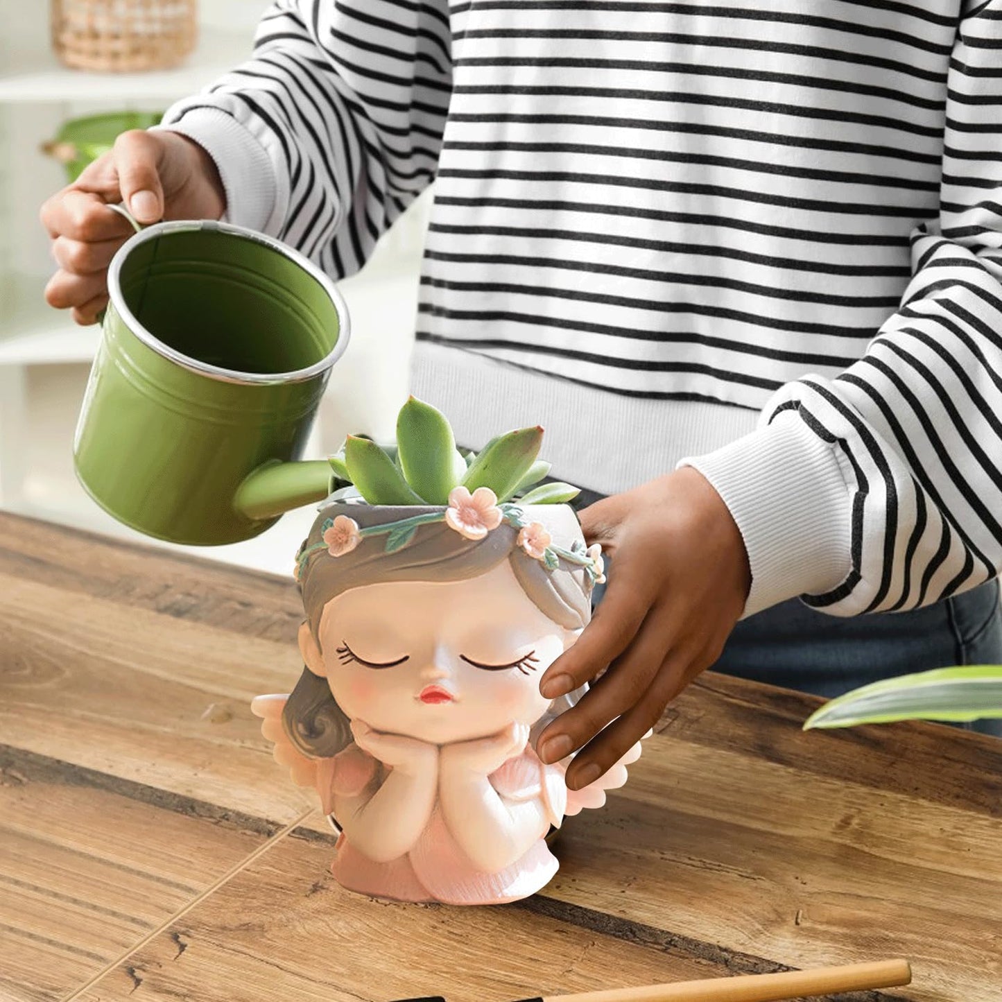 BigKing Face Planter Pot, Angel Cute Succulent Pots, Resin Flower Pots for Succulent Cactus, Head Planters for Indoor Outdoor Plants, Outdoor Planter with Drainage Hole (Pink)