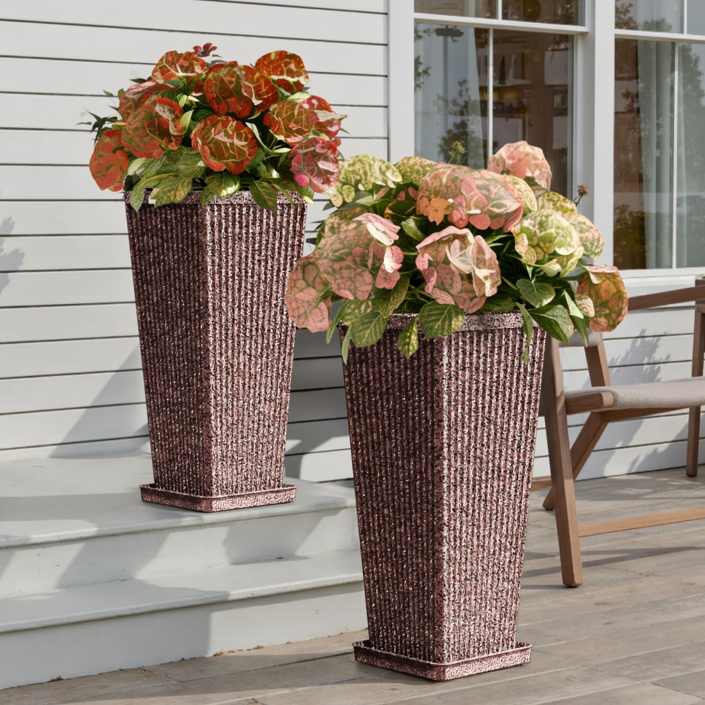 Trygoal 24" Square Tall Planters for Outdoor Plants Set of 2 - Faux Concrete Classic Tapered Indoor Flower Pots with Tray/Drainage Holes/Partition, Large Outdoor Planters for Porch Patio Garden, Brown