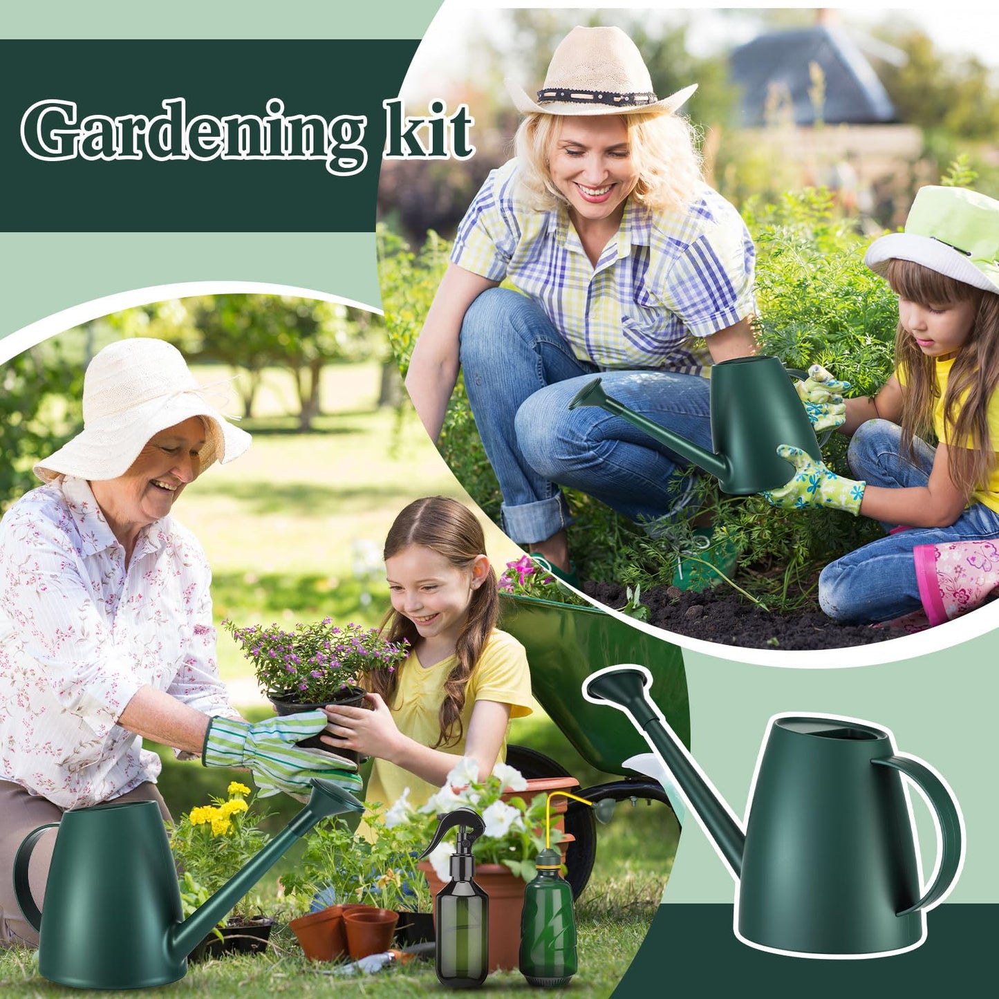 Reallnaive 1/2 Gallon Long Spout Watering Can Set for Indoor & Outdoor Plants – Includes Spray Bottle, Squeeze Bottle, Watering Globes & Soil Moisture Meter for Garden & House Plants(Dark Green)