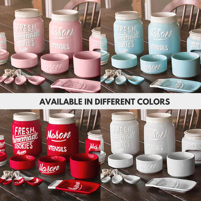 Farmhouse Canisters Sets for the Kitchen - Mason Jar Ceramic Kitchen Utensil Holder, Spoon Rest, Cute Cookie Jar, Salt & Pepper Shaker Sets, Sponge Holder, Measuring Cups & Spoons (Red, 17-Pc Bundle)