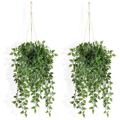 Fake Hanging Plants Indoor - 2 Pack Faux Greenery Plant for Home Decor Artificial Potted Vines with Black Plastic Planter for Bedroom Living Room Garden Front Porch Table Shelf Wall Decoration